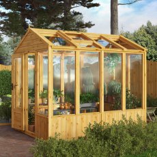 8 x 6 Mercia Woodsman Wooden Greenhouse - Toughened Glass - in situ, angle view