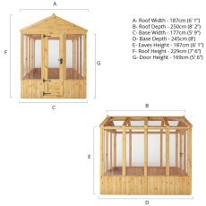 8 x 6 Mercia Woodsman Wooden Greenhouse - Toughened Glass - dimensions