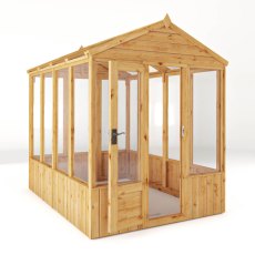 8 x 6 Mercia Woodsman Wooden Greenhouse - Toughened Glass - isolated angle view, doors open