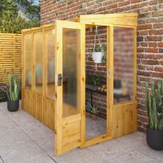 8 x 4 Mercia Woodsman Lean To Wooden Greenhouse - Polycarbonate - in situ, angle view, doors open