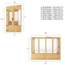 8 x 4 Mercia Woodsman Lean To Wooden Greenhouse - Polycarbonate - dimensions