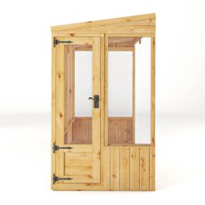 8 X 4 Mercia Woodsman Lean To Wooden Greenhouse - Styrene - isolated front view, doors closed