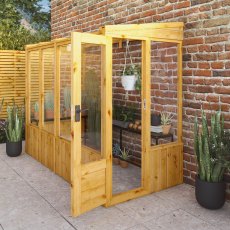 8 X 4 Mercia Woodsman Lean To Wooden Greenhouse - Styrene - in situ, angle view, doors open