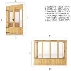 8 X 4 Mercia Woodsman Lean To Wooden Greenhouse - Toughened Glass - dimensions