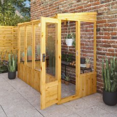 8 X 4 Mercia Woodsman Lean To Wooden Greenhouse - Toughened Glass - in situ, doors open