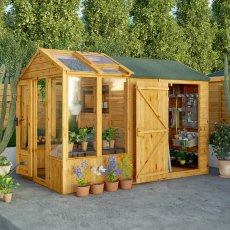 10 X 6 Mercia Woodsman Combi Greenhouse With Shed - in situ, angle view, doors open