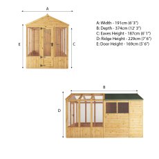 12 X 6 Mercia Woodsman Combi Greenhouse With Shed - dimensions