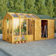 14 X 6 Mercia Woodsman Combi Greenhouse With Shed - in situ, angle view, doors open