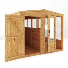 8 x 8 Mercia Woodsman Lean To Combi Greenhouse With Shed - isolated angle view, doors open