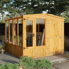 8 x 8 Mercia Woodsman Lean To Combi Greenhouse With Shed - in situ, angle view, doors closed