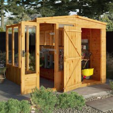 8 x 8 Mercia Woodsman Lean To Combi Greenhouse With Shed - in situ, angle view, doors open