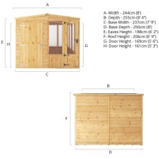 8 x 8 Mercia Woodsman Lean To Combi Greenhouse With Shed - dimensions