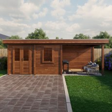 7m x 2.5m Lugarde Dublin Pent Summerhouse With Side Canopy In 28mm & 44mm Wall Thickness - Brown - in situ , front view