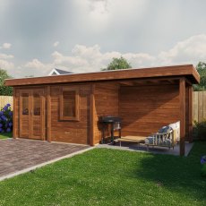 7m x 2.5m Lugarde Dublin Pent Summerhouse With Side Canopy In 28mm & 44mm Wall Thickness - Brown - in situ angle view