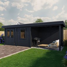 7m X 2.5m Lugarde Dublin Pent Summerhouse With Side Canopy In 28mm & 44mm Wall Thickness - Black - in situ, angle view, doors open