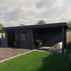 7m X 2.5m Lugarde Dublin Pent Summerhouse With Side Canopy In 28mm & 44mm Wall Thickness - Black - in situ, angle view, doors closed