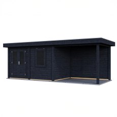 7m X 2.5m Lugarde Dublin Pent Summerhouse With Side Canopy In 28mm & 44mm Wall Thickness - Black - isolated angle view, doors closed