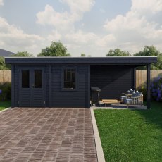 7m X 2.5m Lugarde Dublin Pent Summerhouse With Side Canopy In 28mm & 44mm Wall Thickness - Black - in situ, front view