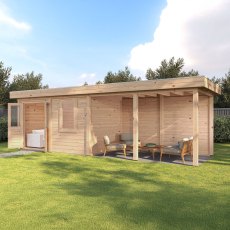 8m X 2.5m Lugarde Belfast Pent Summerhouse With Side Canopy In 28mm & 44mm Wall Thickness - in situ, angle view, doors open