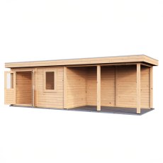 8m X 2.5m Lugarde Belfast Pent Summerhouse With Side Canopy In 28mm & 44mm Wall Thickness - isolated angle view, doors open