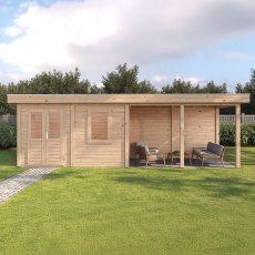 8m X 2.5m Lugarde Belfast Pent Summerhouse With Side Canopy In 28mm & 44mm Wall Thickness - in situ, front view