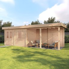 8m X 2.5m Lugarde Belfast Pent Summerhouse With Side Canopy In 28mm & 44mm Wall Thickness - in situ, angle view