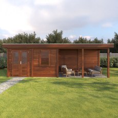 8m X 2.5m Lugarde Belfast Pent Summerhouse With Side Canopy In 28mm & 44mm Wall Thickness - Brown - in situ, front view