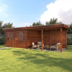 8m X 2.5m Lugarde Belfast Pent Summerhouse With Side Canopy In 28mm & 44mm Wall Thickness - Brown - in situ, angle view