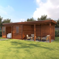 8m X 2.5m Lugarde Belfast Pent Summerhouse With Side Canopy In 28mm & 44mm Wall Thickness - Brown - in situ, angle view, doors open