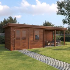 8m X 2.5m Lugarde Belfast Pent Summerhouse With Side Canopy In 28mm & 44mm Wall Thickness - Brown - in situ