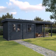 8m x 2.5m Lugarde Belfast Pent Summerhouse With Side Canopy In 28mm & 44mm Wall Thickness - Black - in situ, angle view