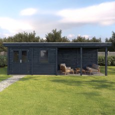 8m x 2.5m Lugarde Belfast Pent Summerhouse With Side Canopy In 28mm & 44mm Wall Thickness - Black - in situ, front view