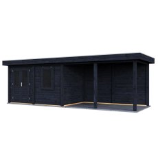 8m x 2.5m Lugarde Belfast Pent Summerhouse With Side Canopy In 28mm & 44mm Wall Thickness - Black - isolated angle view, doors closed