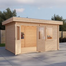 4m X 3m Lugarde Cardiff Pent Summerhouse In 28mm & 44mm Wall Thickness - in situ, angle view, doors open