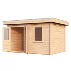 4m X 3m Lugarde Cardiff Pent Summerhouse In 28mm & 44mm Wall Thickness - isolated side view, doors open