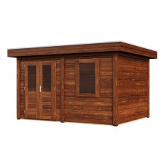 4m X 3m Lugarde Cardiff Pent Summerhouse In 28mm & 44mm Wall Thickness - Brown - isolated angle view, doors closed