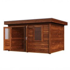 4m X 3m Lugarde Cardiff Pent Summerhouse In 28mm & 44mm Wall Thickness - Brown - isolated angle view, doors open