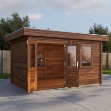 4m X 3m Lugarde Cardiff Pent Summerhouse In 28mm & 44mm Wall Thickness - Brown - in situ, angle view, doors open