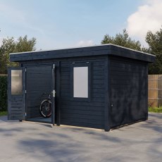 4m X 3m Lugarde Cardiff Pent Summerhouse In 28mm & 44mm Wall Thickness - Black - in situ, angle view, doors open