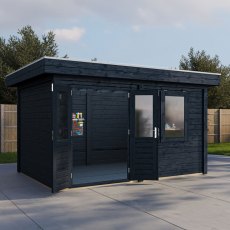 4m X 3m Lugarde Cardiff Pent Summerhouse In 28mm & 44mm Wall Thickness - Black - in situ, angle view, doors open