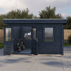 4m X 3m Lugarde Cardiff Pent Summerhouse In 28mm & 44mm Wall Thickness - Black - in situ, front view, doors open