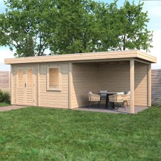 7m X 3m Lugarde Newport Pent Summerhouse With Side Canopy In 28mm & 44mm Wall Thickness - in situ, angle view