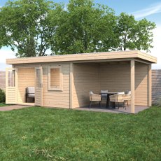 7m X 3m Lugarde Newport Pent Summerhouse With Side Canopy In 28mm & 44mm Wall Thickness - in situ, angle view, doors open