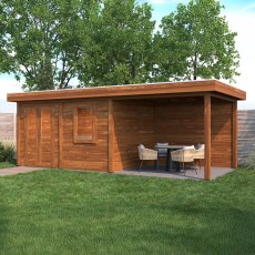 7m X 3m Lugarde Newport Pent Summerhouse With Side Canopy In 28mm & 44mm Wall Thickness - Brown - in situ, angle view