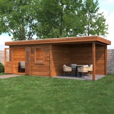 7m X 3m Lugarde Newport Pent Summerhouse With Side Canopy In 28mm & 44mm Wall Thickness - Brown - in situ, angle view, doors open