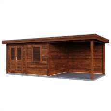 7m X 3m Lugarde Newport Pent Summerhouse With Side Canopy In 28mm & 44mm Wall Thickness - Brown - isolated angle view, doors closed