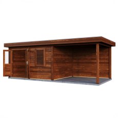 7m X 3m Lugarde Newport Pent Summerhouse With Side Canopy In 28mm & 44mm Wall Thickness - Brown - isolated angle view, doors open