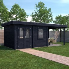 7m X 3m Lugarde Newport Pent Summerhouse With Side Canopy In 28mm & 44mm Wall Thickness - Black - in situ