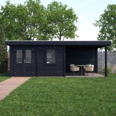 7m X 3m Lugarde Newport Pent Summerhouse With Side Canopy In 28mm & 44mm Wall Thickness - Black - in situ, front view