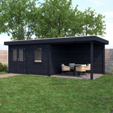 7m X 3m Lugarde Newport Pent Summerhouse With Side Canopy In 28mm & 44mm Wall Thickness - Black - in situ, angle view